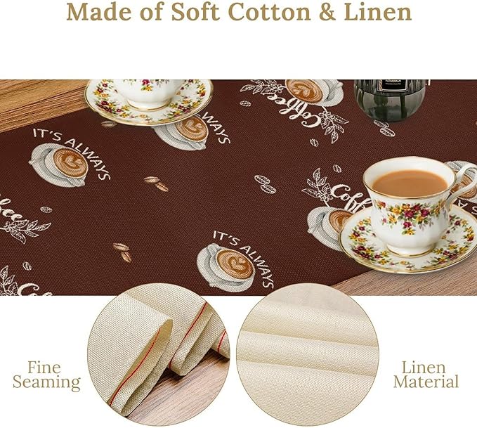 Coffee Time Table Runner, Farmhouse Retro Gnome Coffee Cup Tea Party Cafe Brwon - Image 5