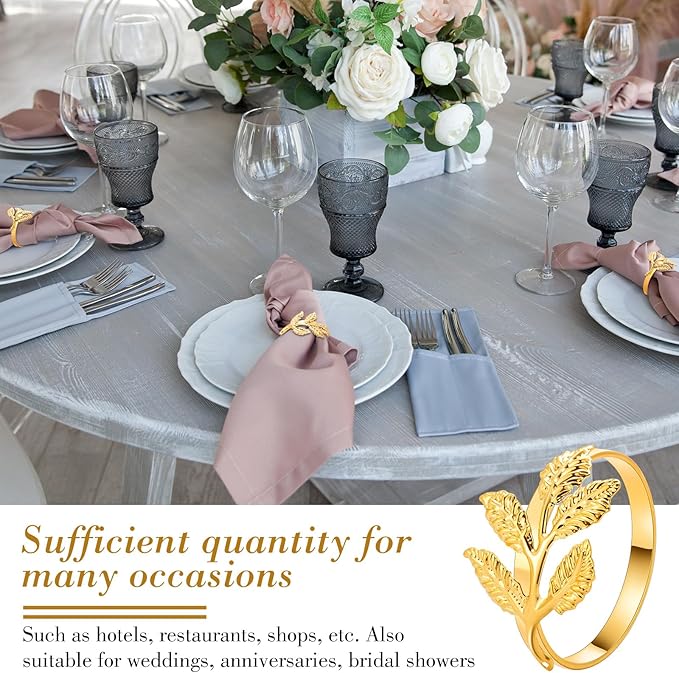 Bokon 50 Pcs Gold Napkin Rings Metal Leaf Napkin Holders Delicate Rings Bulk - Image 4