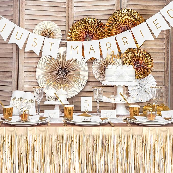 3 Pack 29 x108 Inch Champagne Gold Foil Fringe Table Skirts Metallic Banner - Image 4
