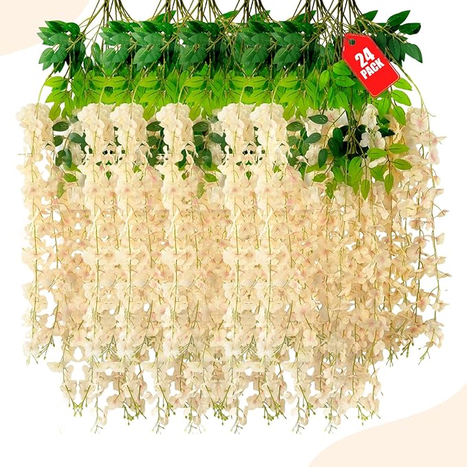 24 Pack Champagne Pink Wisteria Hanging Flowers, 3.44 Ft Fake Hanging Flowers by ZEBMOON