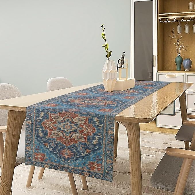 Boho Floral Vintage Table Runner, Retro Abstract Blue Flower Rustic Country - Image 3
