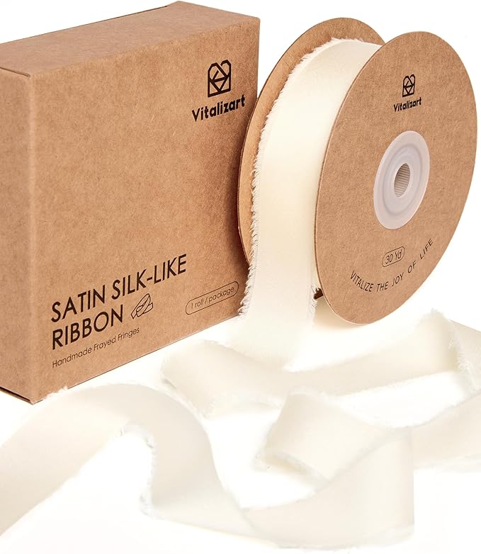 Vitalizart Silk Like Satin Ribbon 1 inch x 30 Yard Ivory White Handmade Frayed by Vitalizart
