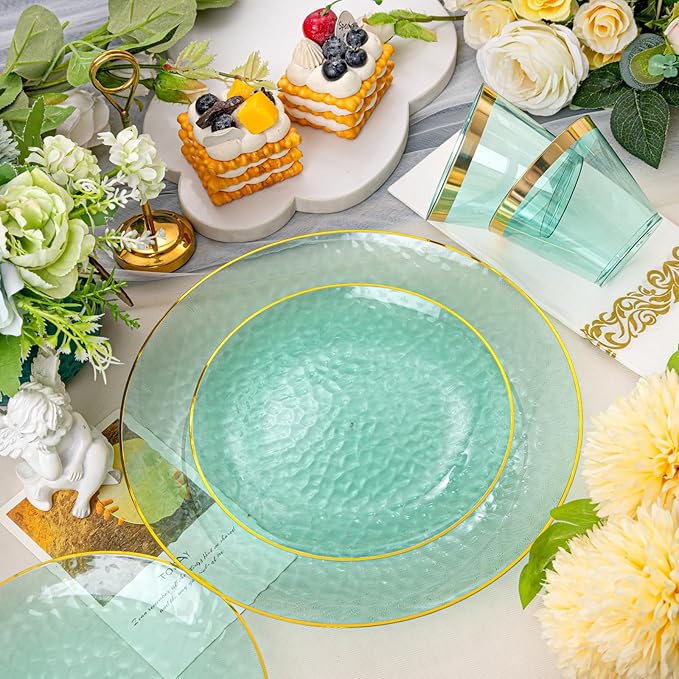Rubtlamp 175 Pcs Green Plastic Plates Dinnerware Set, Hammered Plates Sets - Image 5