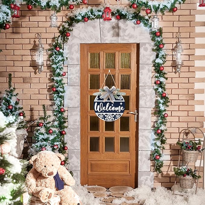 CHDITB Blue Welcome Winter Front Door Sign Wreath, Wooden 3D Welcome Home - Image 4