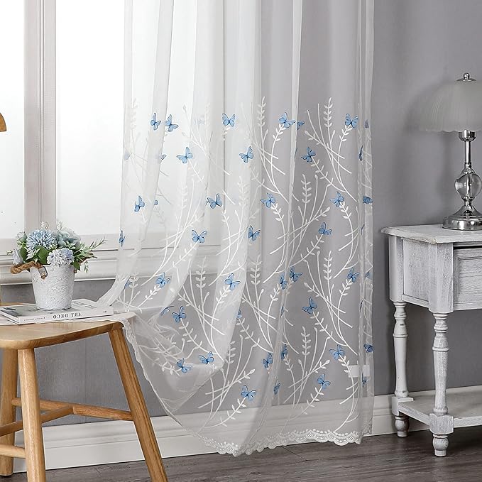 VISIONTEX White Sheer Voile Curtains, Decorative White Embossed Butterflies Rod by VISIONTEX