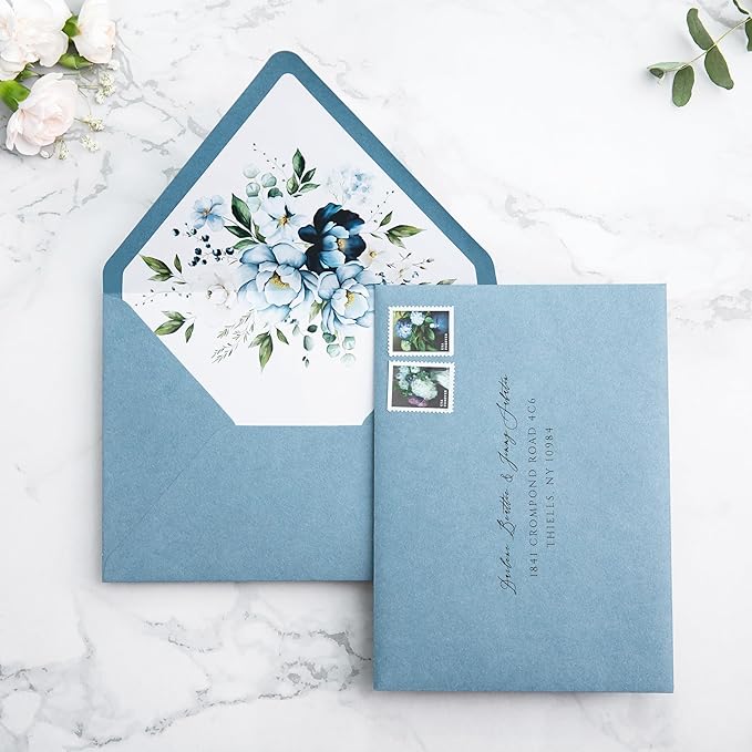 PONATIA 50PCS A7 Euro Flap Envelopes, 5.25 x 7.25'' Dusty Blue Flowers Liner - Image 5
