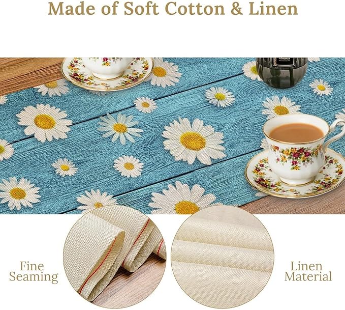 Daisy Floral Table Runner, Farmhouse Abstract Spring Seasonal Summer Blue White - Image 5