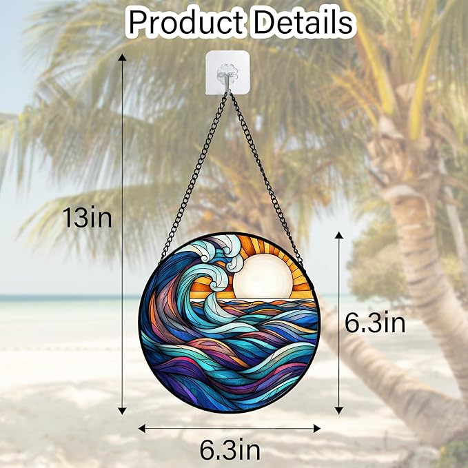 Stained Glass Window Hanging, Big Wave Sun Suncatcher Diamond Glass Panel - Image 3
