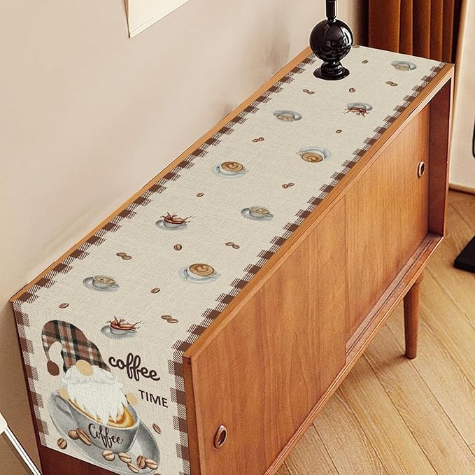 Coffee Time Table Runner, Farmhouse Retro Gnome Coffee Cup Tea Party Cafe Table - Image 2