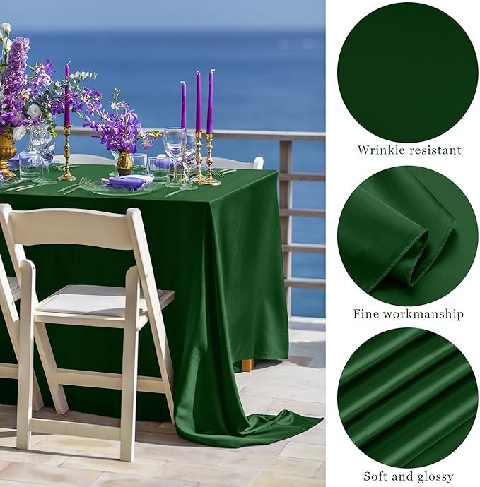 TURSTIN 1 Packs Dark Green Satin Tablecloth 102 x 58 Inch Overlay Satin Table - Image 3