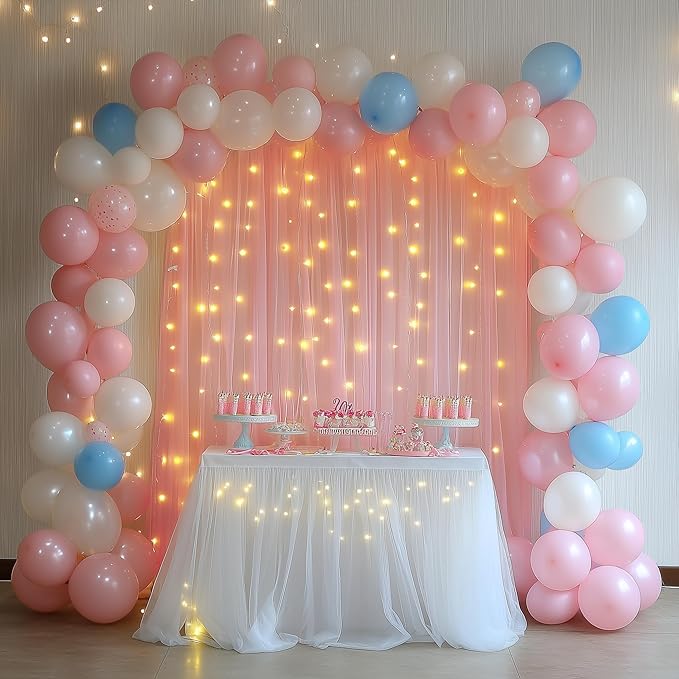 Tulle Backdrop Curtain with Lights String 10FT X 8FT Peach Sheer Tulle Backdrop - Image 5