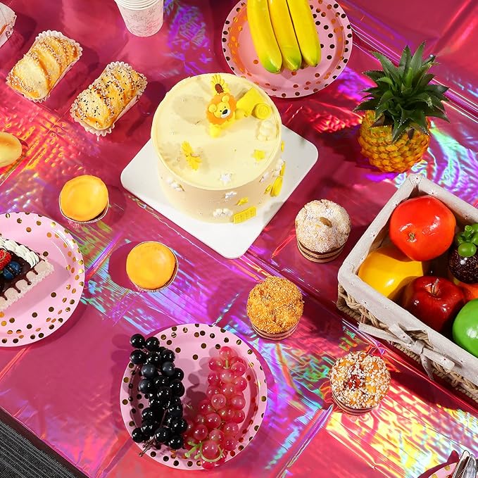 8 Pack Hot Pink Iridescence Plastic Tablecloths Shiny Disposable Laser - Image 5