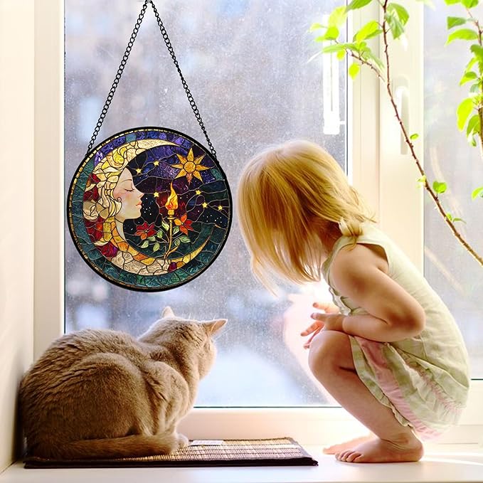 Stained Glass Window Hanging, Moon Goddess Torch Suncatcher Diamond Glass Panel - Image 3