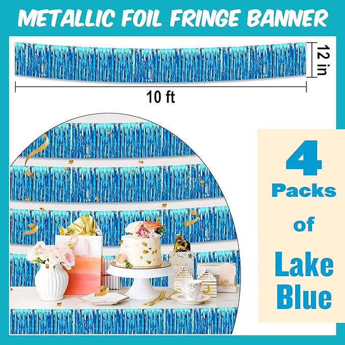 4 Pack 10 Ft Lake Blue Foil Fringe Garland Metallic Streamers Tinsel Banner - Image 2