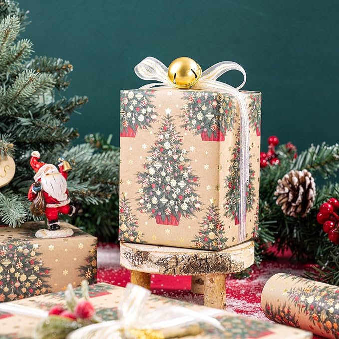 RUSPEPA Kraft Christmas Wrapping Paper Roll, Mini Roll, Elegent Kraft Gift Wrap - Image 4