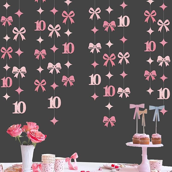 Glitter Pink 10th Bow Birthday Decorations Hot Pink Conquette Bow Garland - Image 3