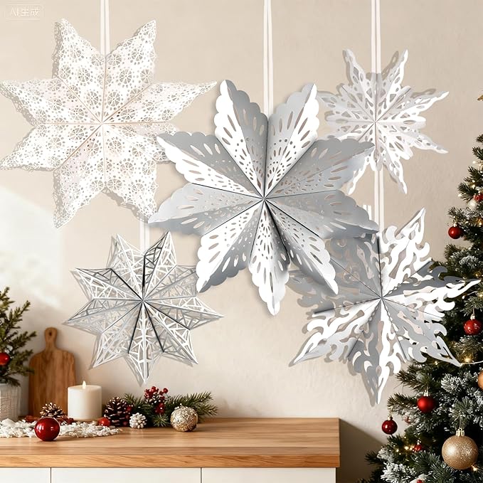 5 Pcs Christmas Paper Snowflake Lanterns, Large 3D Christmas Paper Star Lanterns - Image 2