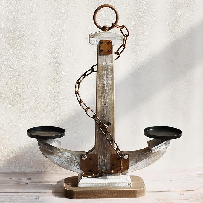 Wooden Anchor Candle Holder Coastal Decor Lake House Decor, Vintage Home Decor by Unknown