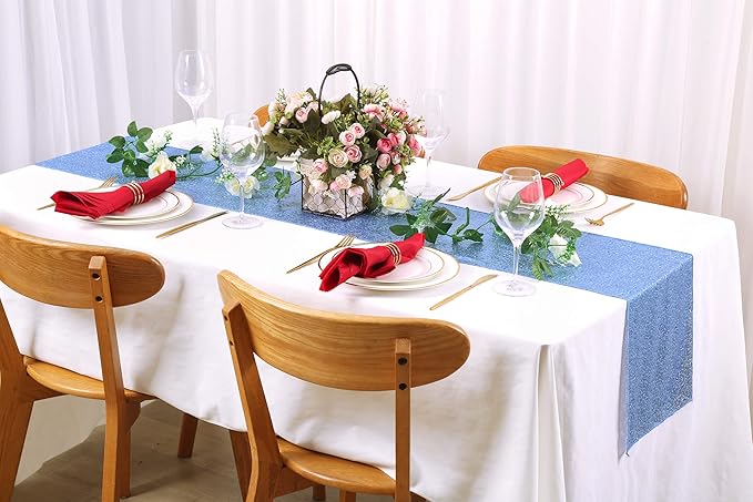 SoarDream Baby Blue Table Runner 10 Pieces 12x72 Inches Sequin Fabric Glitter - Image 8