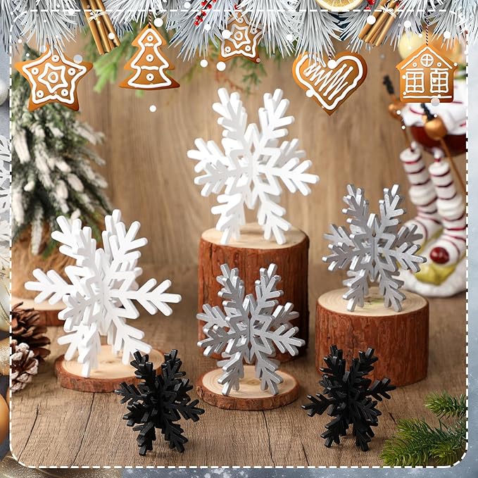 Bucherry 12 Pcs Wooden Snowflake Table Decor 3D Snowflake Tabletop Signs and - Image 4
