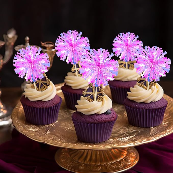 Ephlyn 30Pcs Foil Firework Cupcake Toppers Happy Birthday Cake Toppers Tinsel - Image 4