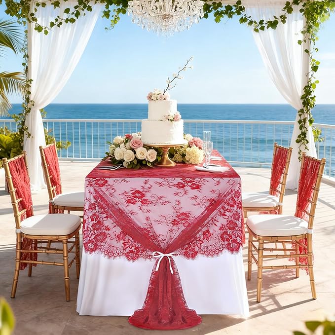 LuoluoHouse Christmas Lace Tablecloth 6pcs Rose Floral Table Fabric 60x120 Inch - Image 4