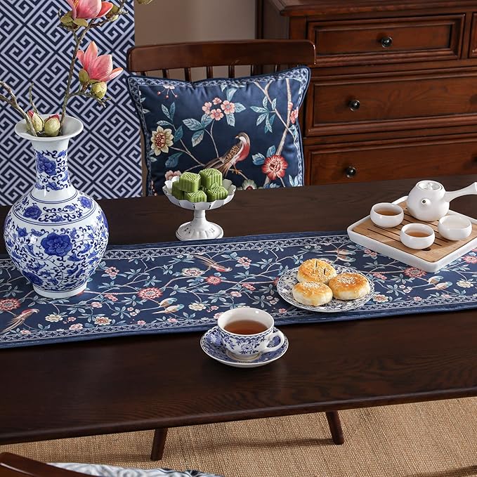 patdrea Vintage Chinoiserie Floral Table Runner Farmhouse - Image 6
