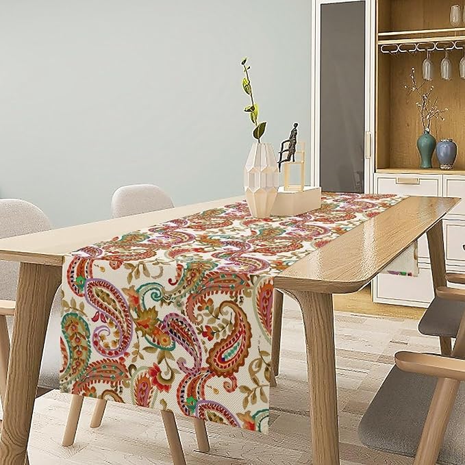 Colorful Paisley Table Runner, Boho Vintage Pink Red Teal Floral Leaves Print - Image 2