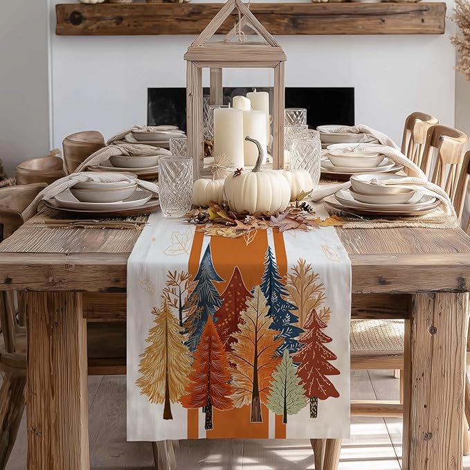 GEEORY Fall Watercolor Trees & Maple Leaves Striped Table Runner 13x90 Inch - Image 6
