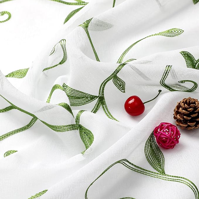 VISIONTEX Embroidered Green Sheer Voile Curtains, Leaves Embroidery Faux Linen - Image 7