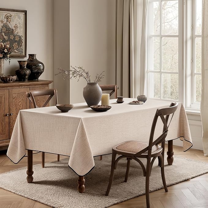 MIULEE Ivory-Black Linen Tablecloth 60x104 Inch Rectangle Table Cloth Waterproof - Image 4