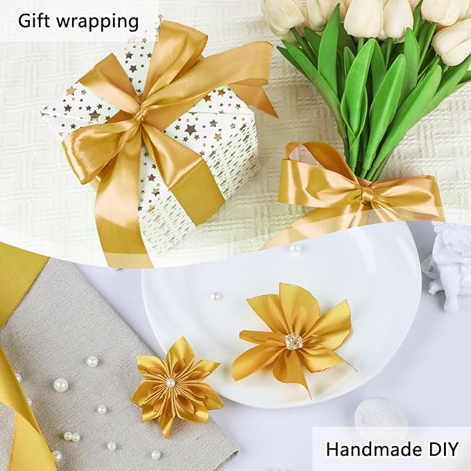 NESCCI 60 Yards Ribbon, 1-1/2 Inch Gold Satin Ribbon, Single Face Satin Ribbons - Image 3