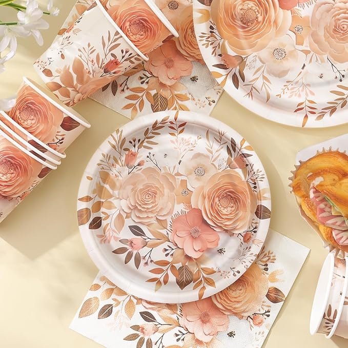 Boho Plates and Napkins Sets for 25 Guests, Floral Birthday Party supplies for - Image 4