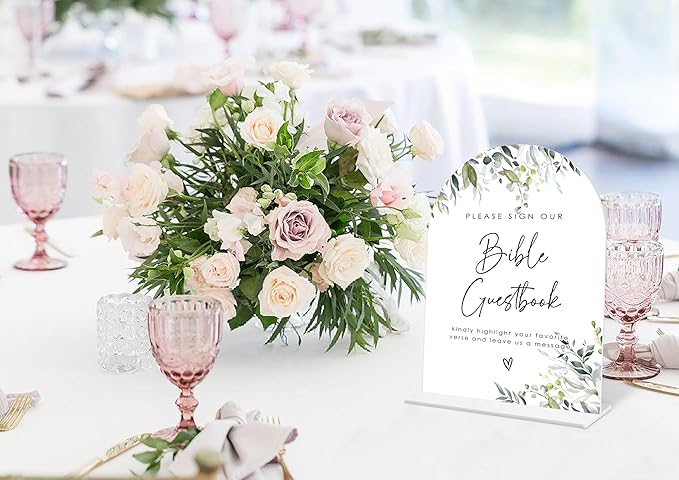 Greenery Bible Guest Book Sign, 6 x 8 Inch White Arch Acrylic Wedding Sign - Image 5