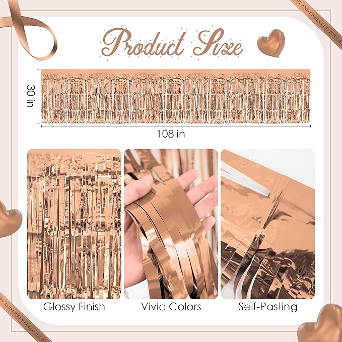 2 Pack Rose Gold Table Skirts, 29x108" Metallic Foil Tinsel Fringe Table Skirts - Image 3