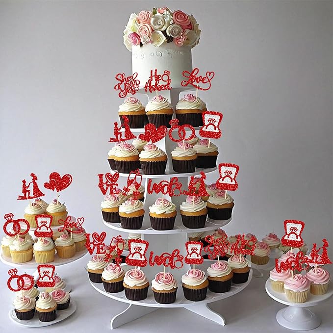 Ephlyn 30Pcs He Asked She Said Yes Cupcake Toppers Glitter Engagement Cupcake - Image 6
