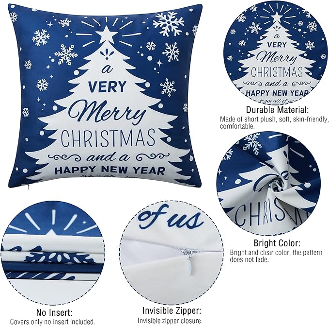 NANAN Christmas Pillow Covers 18X18 Inch Set of 4 Navy Blue Christmas Pillow - Image 3