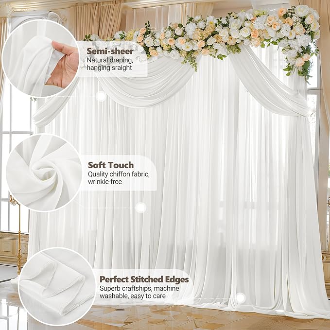 10ft x 10ft Cream White Backdrop Curtains, Wrinkle-Free Sheer Chiffon Fabric - Image 4