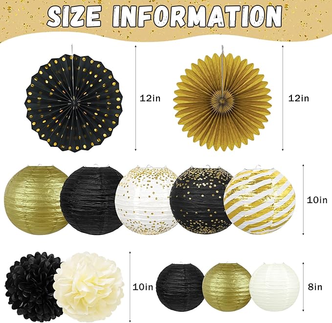 14Pcs Black and Gold Party Decorations, Hanging Paper Lanterns Fans Tissue - Image 2
