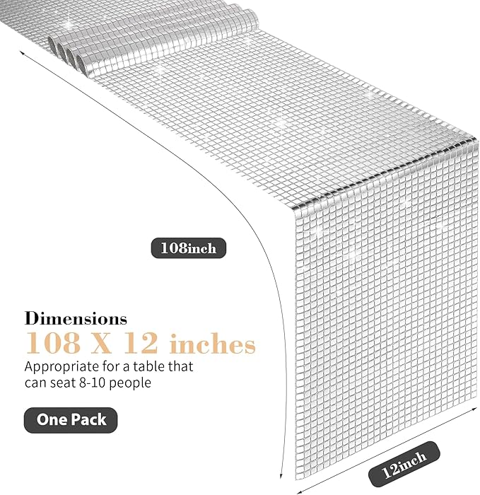 12x108 Inch Disco Ball Party Table Runner Silver Glitter Foil Table - Image 2