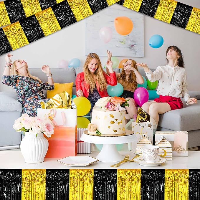 4 Pack 10 Ft Black and Gold Foil Fringe Garland Metallic Streamers Tinsel - Image 5