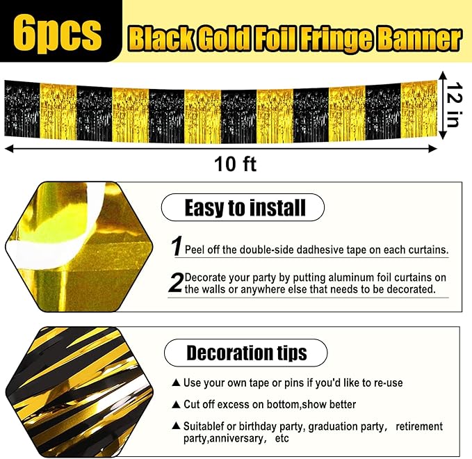 6 Pack 10 Feet Black Gold Foil Fringe Garland Metallic Tinsel Streamers Banner - Image 2
