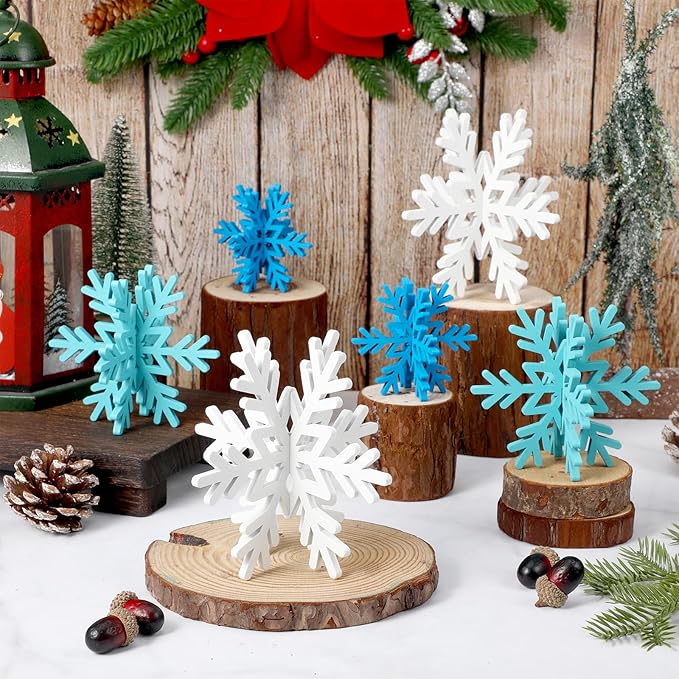 Bucherry 12 Pcs Wooden Snowflake Table Decor 3D Snowflake Tabletop Signs and - Image 6