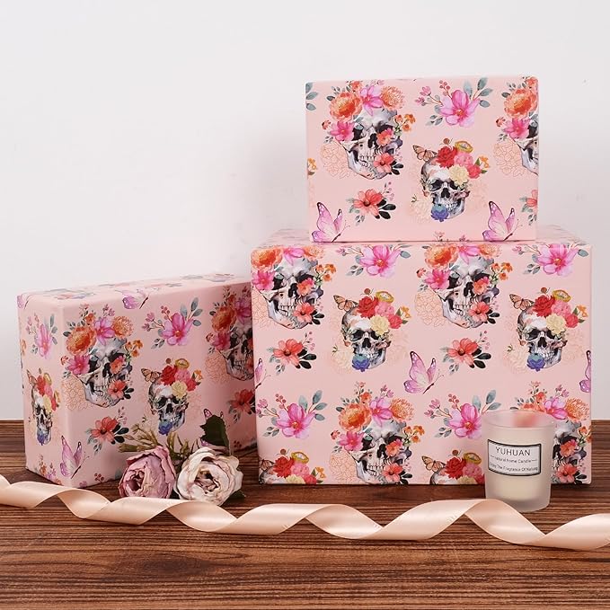 Aimyoo Gothic Wrapping Paper Roll, 17 Inch X 33 Feet Skull Floral Butterfly - Image 4