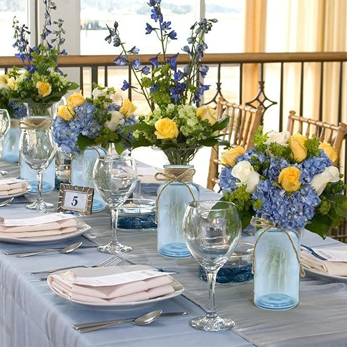 Vintage Glass Flower Vase，12 Pack Blue Farmhouse Glass Centerpiece Vases Mason - Image 2