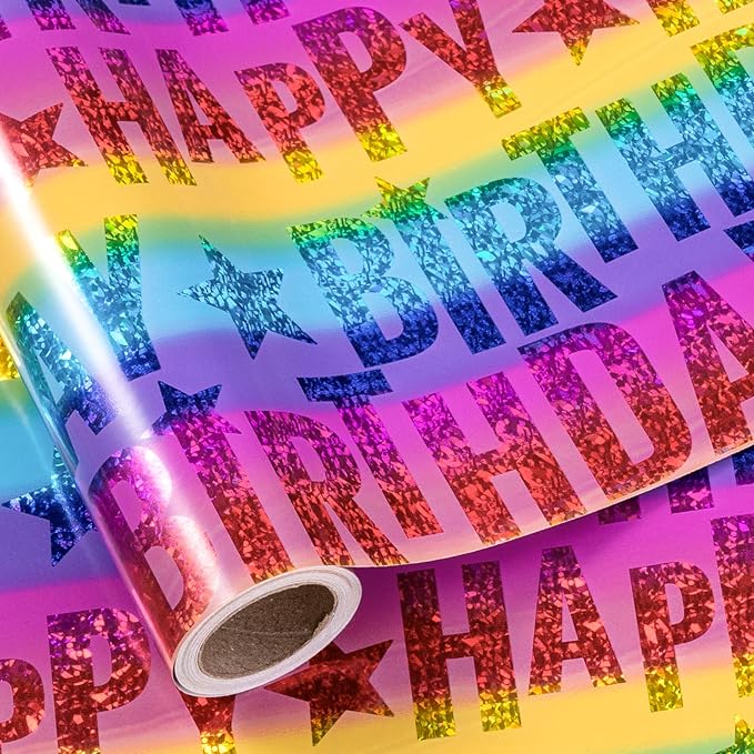 LeZakaa Holographic Birthday Wrapping Paper Roll, Happy Birthday Lettering by LeZakaa