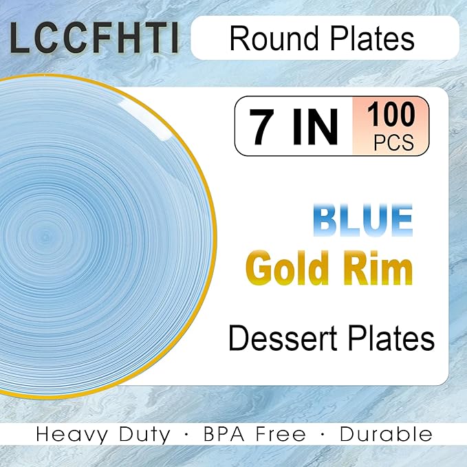 100PCS Transparent Blue Gold Plastic Plates, 7 Inch Heavy Duty Disposable - Image 2
