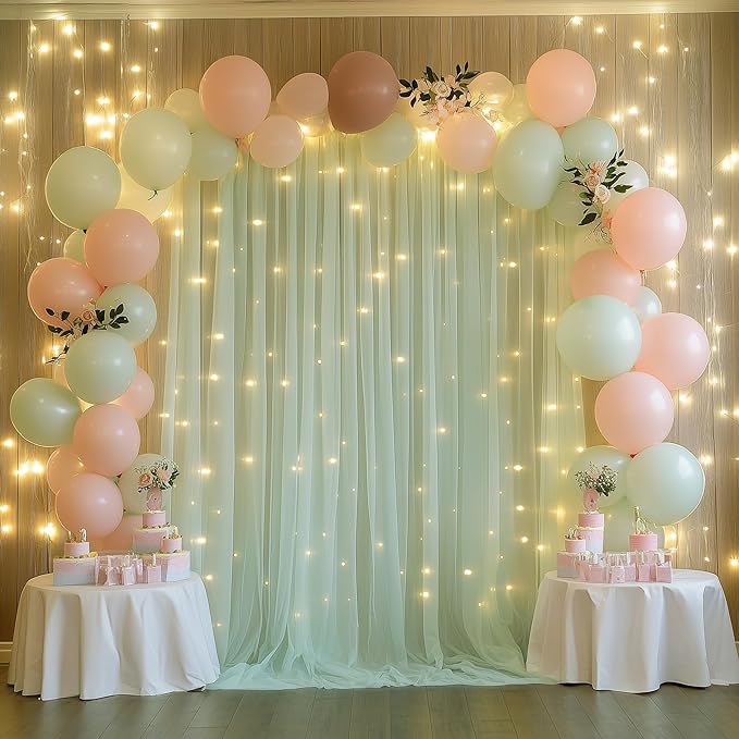 Tulle Backdrop Curtain with Lights String 10FT X 10FT Sage Green Sheer Tulle - Image 5