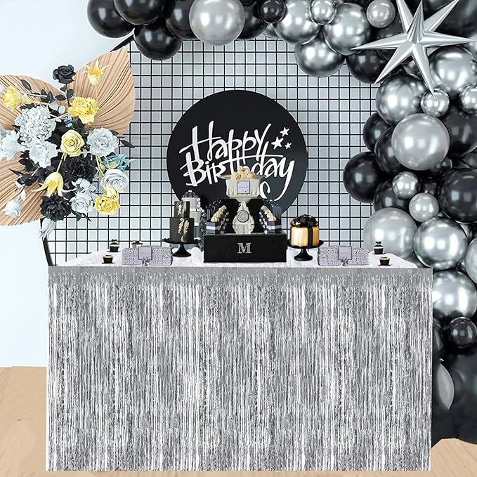 BEISHIDA 2 Pack Silver Table Skirts Party Decorations Metallic Tinsel Foil - Image 6