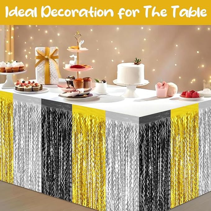 6 Pack 29 x108 Inch Black Gold Silver Wave Foil Fringe Table Skirts Metallic - Image 4